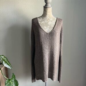 Vince V-Neck Linen Wool Blend Knit Sweater in Taupe